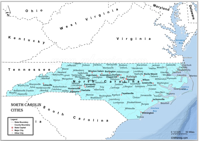 Map of Cities in North Carolina, List of North Carolina Cities by
