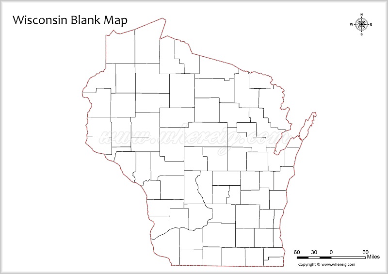 Wisconsin Blank Map, Outline od Wisconsin