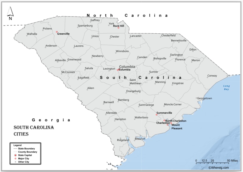 Map of South Carolina Cities, List of Cities in South Carolina