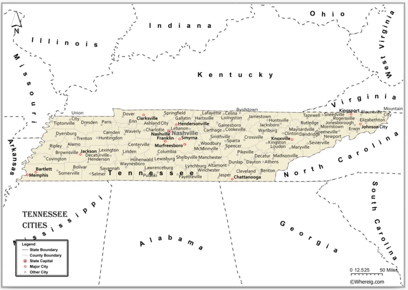 Map of Tennessee Cities, List of Cities in Tennessee
