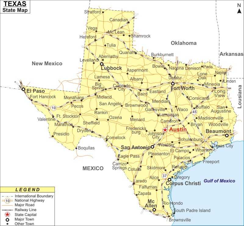 Map of Texas - TX Map showing the state capital, state boundary, highways, rail network, rivers, major cities and towns.