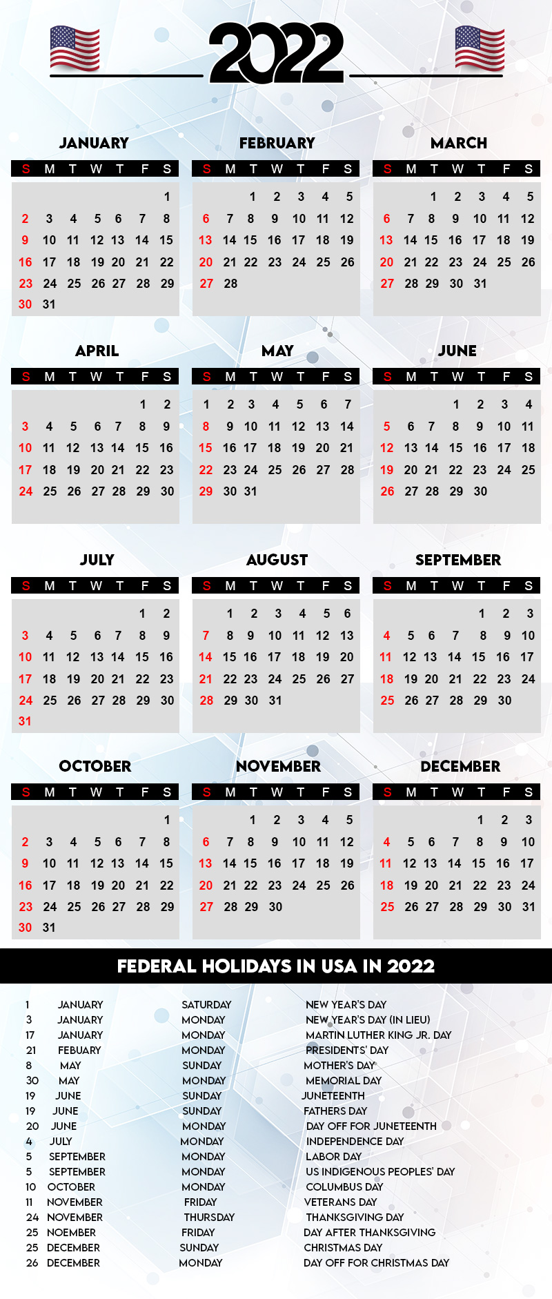 USA Holidays Calendar 2022 Iage