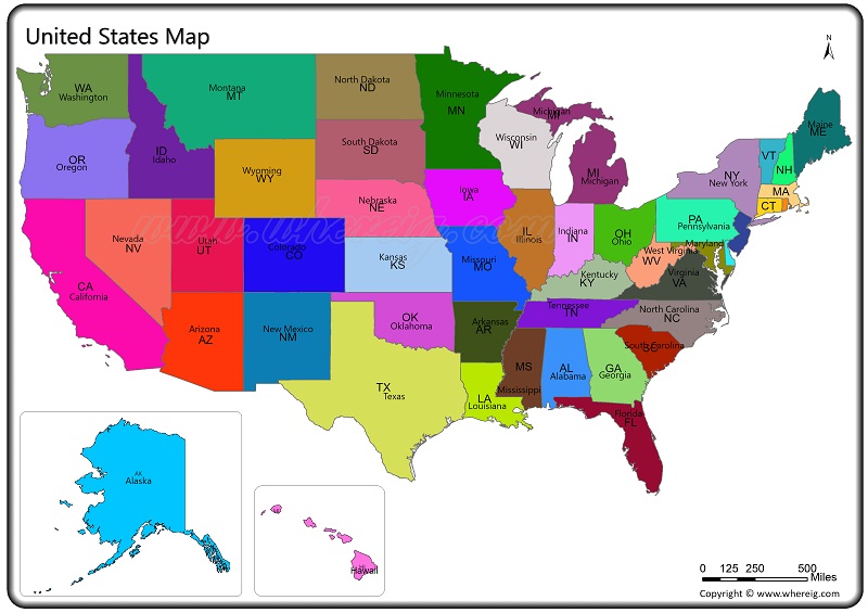 United States Map (US Map) - depicts all the 50 States in the USA Map