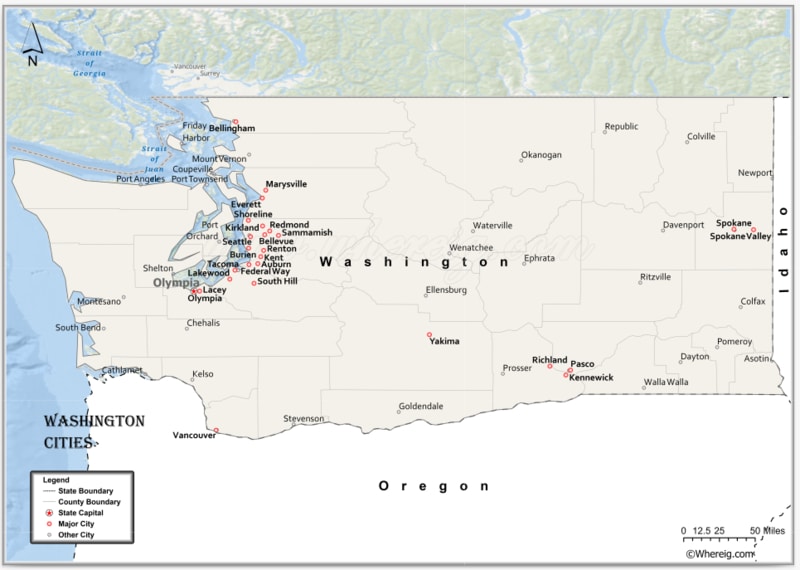 Map of Washington Cities, List of Cities in Washington