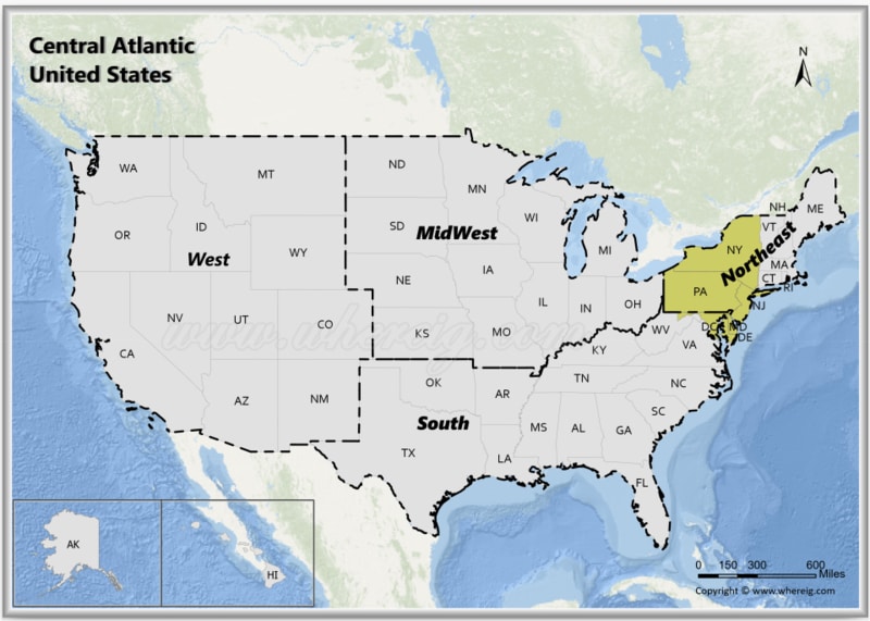 Map of Central Atlantic States, USA