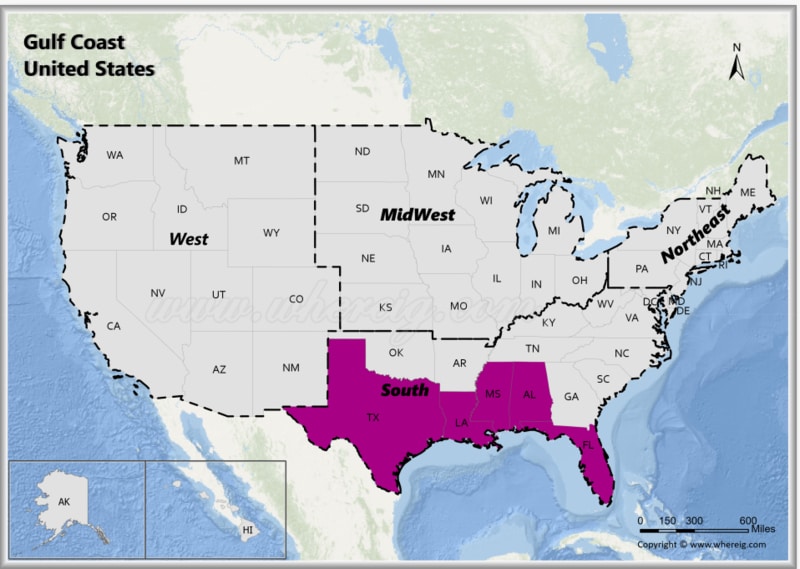 Map of Gulf Coast States, USA