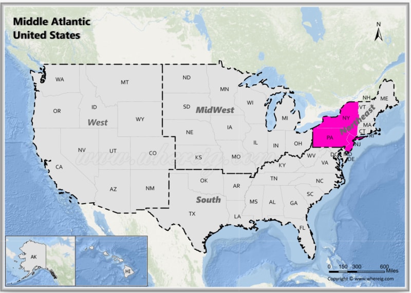 Map of Mid-Atlantic States, USA