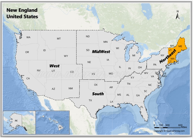Map of New England States, USA - Division of Northeastern US