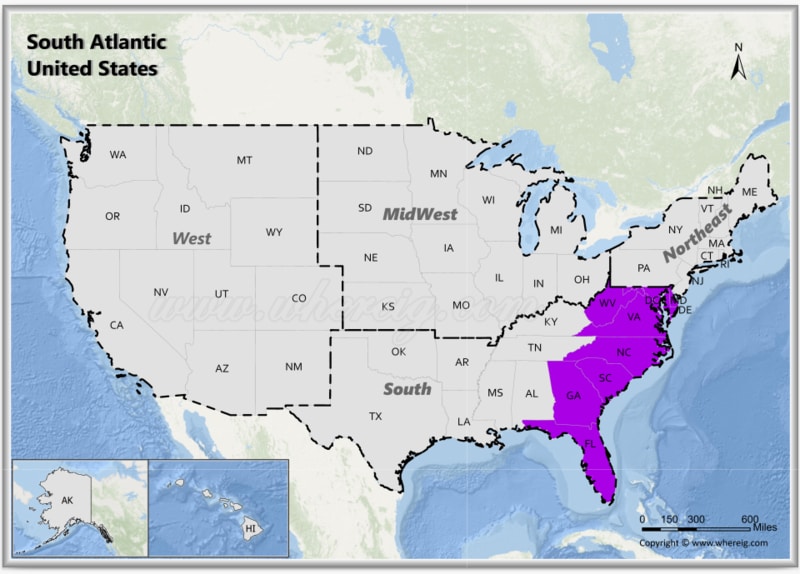 Map of South Atlantic States, USA