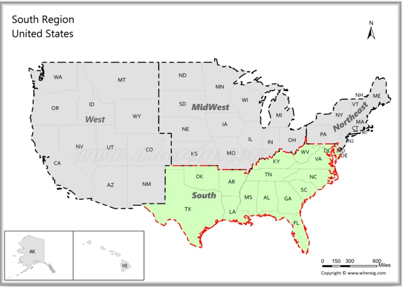 Map of Southern Region States, USA