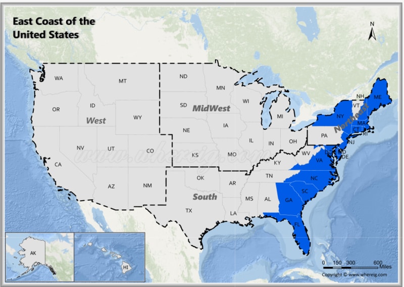 Map of East Coast USA with States, Region