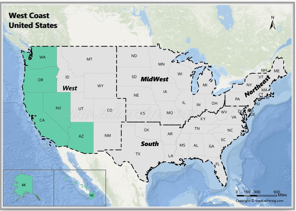 Map of West Coast States, USA
