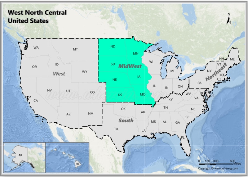 Map of West North Central States, USA