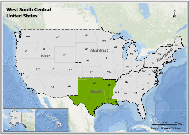 Map of West South Central States, USA