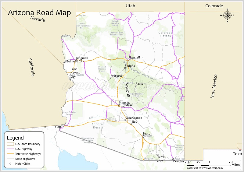 Arizona Road Map Showing Highways