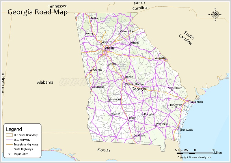 Georgia Road Map Showing Highways