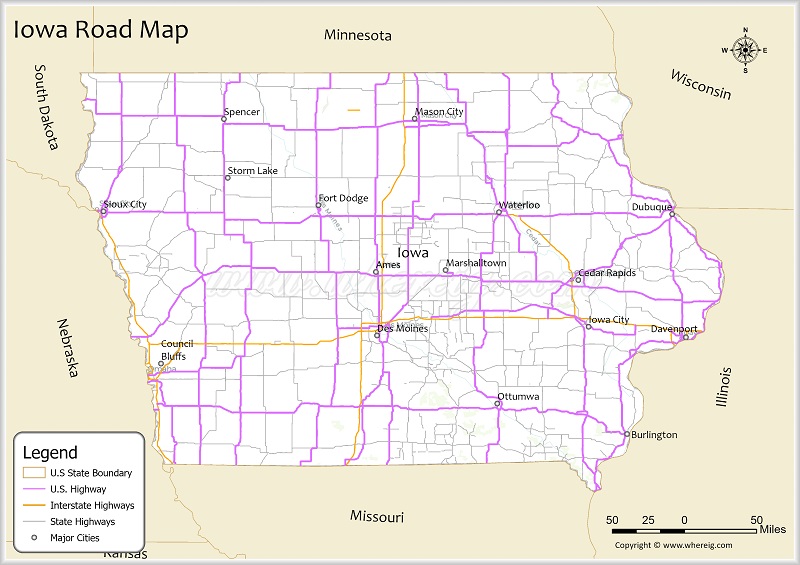 Iowa Road Map Showing Highways