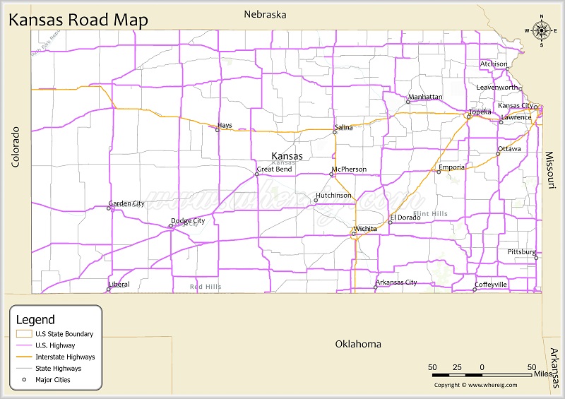 Kansas Road Map Showing Highways