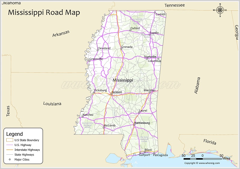 Mississippi Road Map Showing Highways