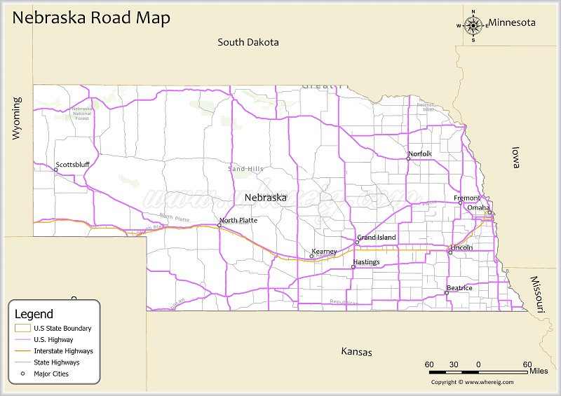 Nebraska Road Map Showing Highways