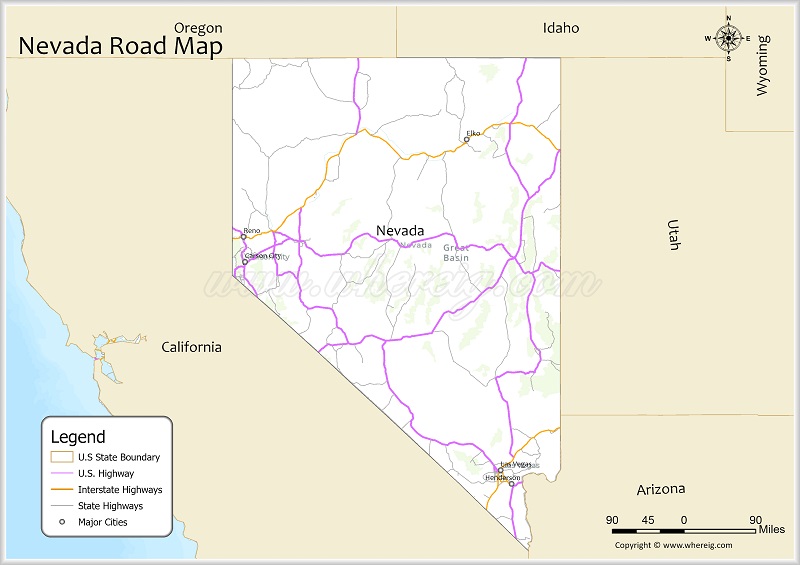 Nevada Road Map Showing Highways