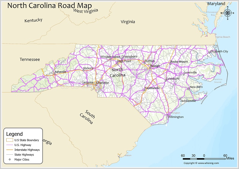 North Carolina Road Map Showing Highways
