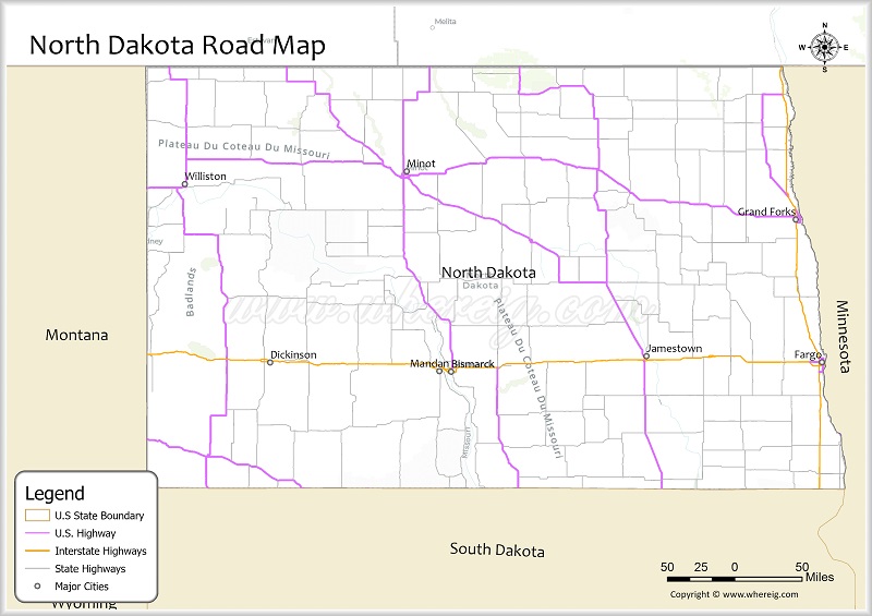 North Dakota Road Map Showing Highways
