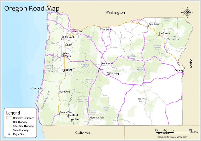 Oregon Road Map Showing Highways