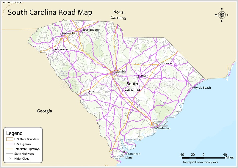 South Carolina Road Map Showing Highways