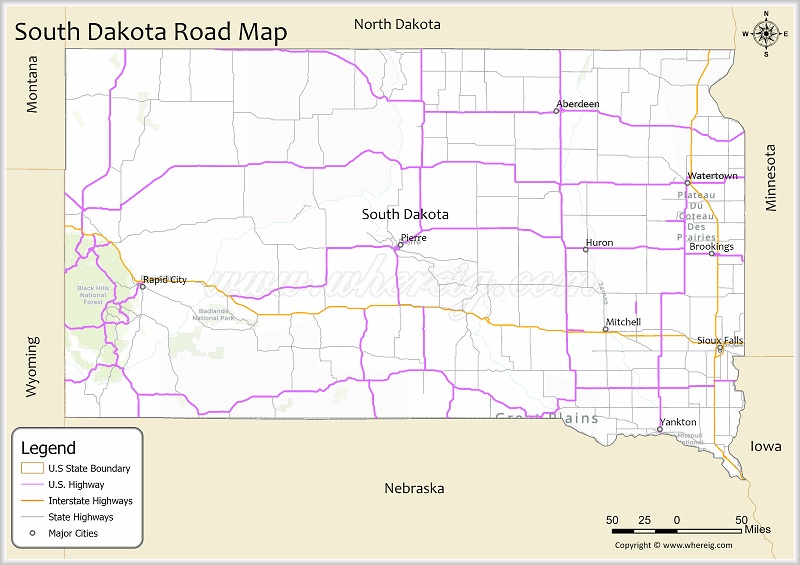South Dakota Road Map Showing Highways