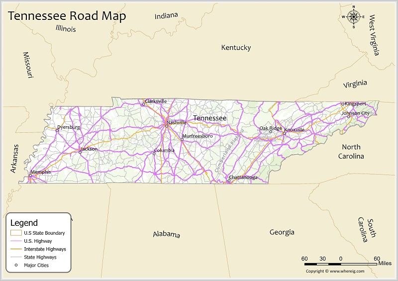 Tennessee Road Map Showing Highways