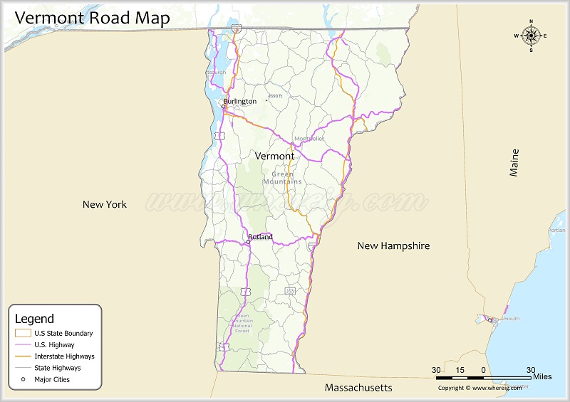 Vermont Road Map Showing Highways