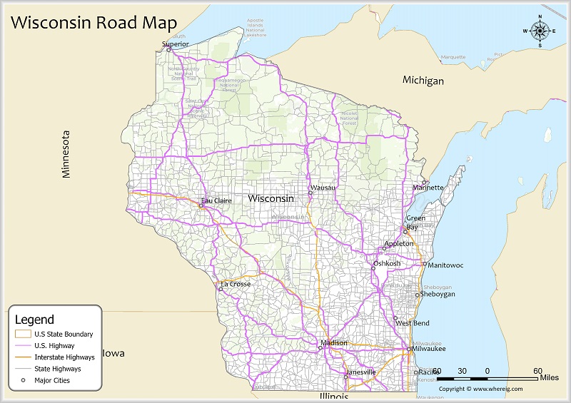 Wisconsin Road Map Showing Highways