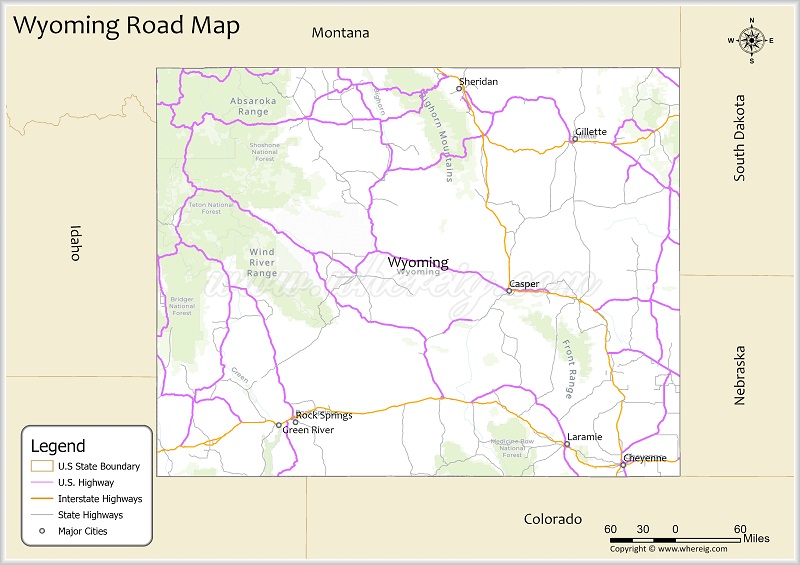 Wyoming Road Map Showing Highways