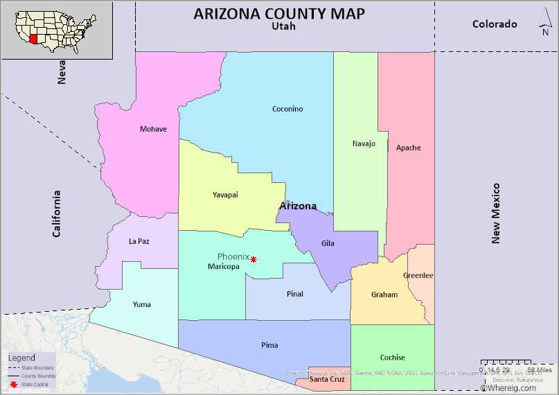 Arizona County Map, List of 15 Counties in Arizona and Seats - Whereig.com