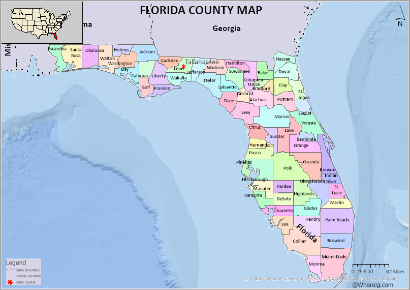 Florida County Map - showing list of 67 Counties in Florida