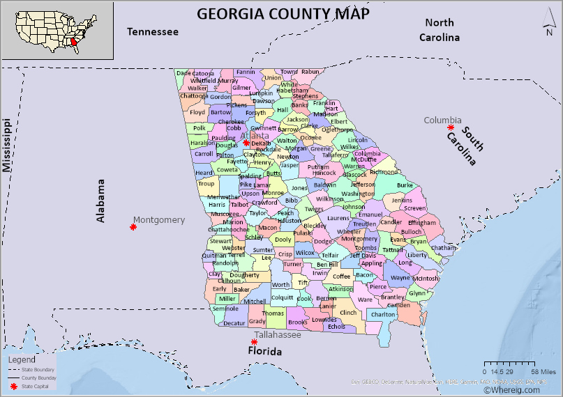 Georgia County Map, List Of Counties In Georgia And Seats - Whereig.com C0A