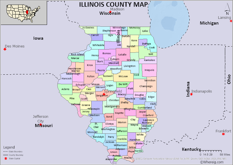 Illinois County Map, List of Counties in Illinois and Seats - Whereig.com