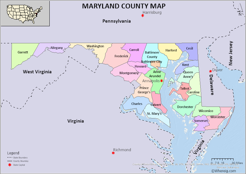 Maryland County Map, List of Counties in Maryland with Seats - Whereig.com