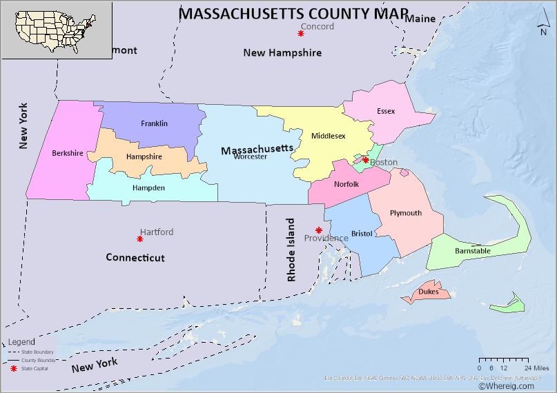 Massachusetts County Map, List of Counties in Massachusetts with Seats