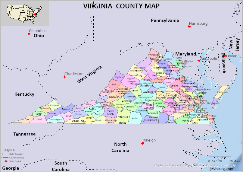 Virginia County Map, List of Counties in Virginia with Seats